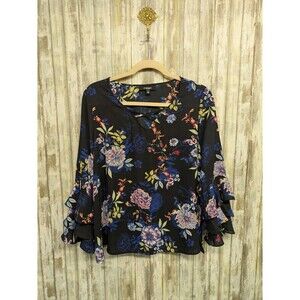 Chelsea Studio Black Floral Bell Sleeve Top Ruffle Boho Bloomcore Blouse 1X